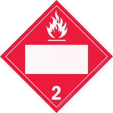 Red diamond-shaped hazard placard with flammable gas symbol (class 2) and blank space for text.