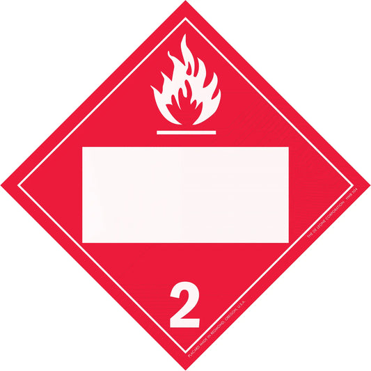 Red diamond-shaped hazard placard with flammable gas symbol (class 2) and blank space for text.