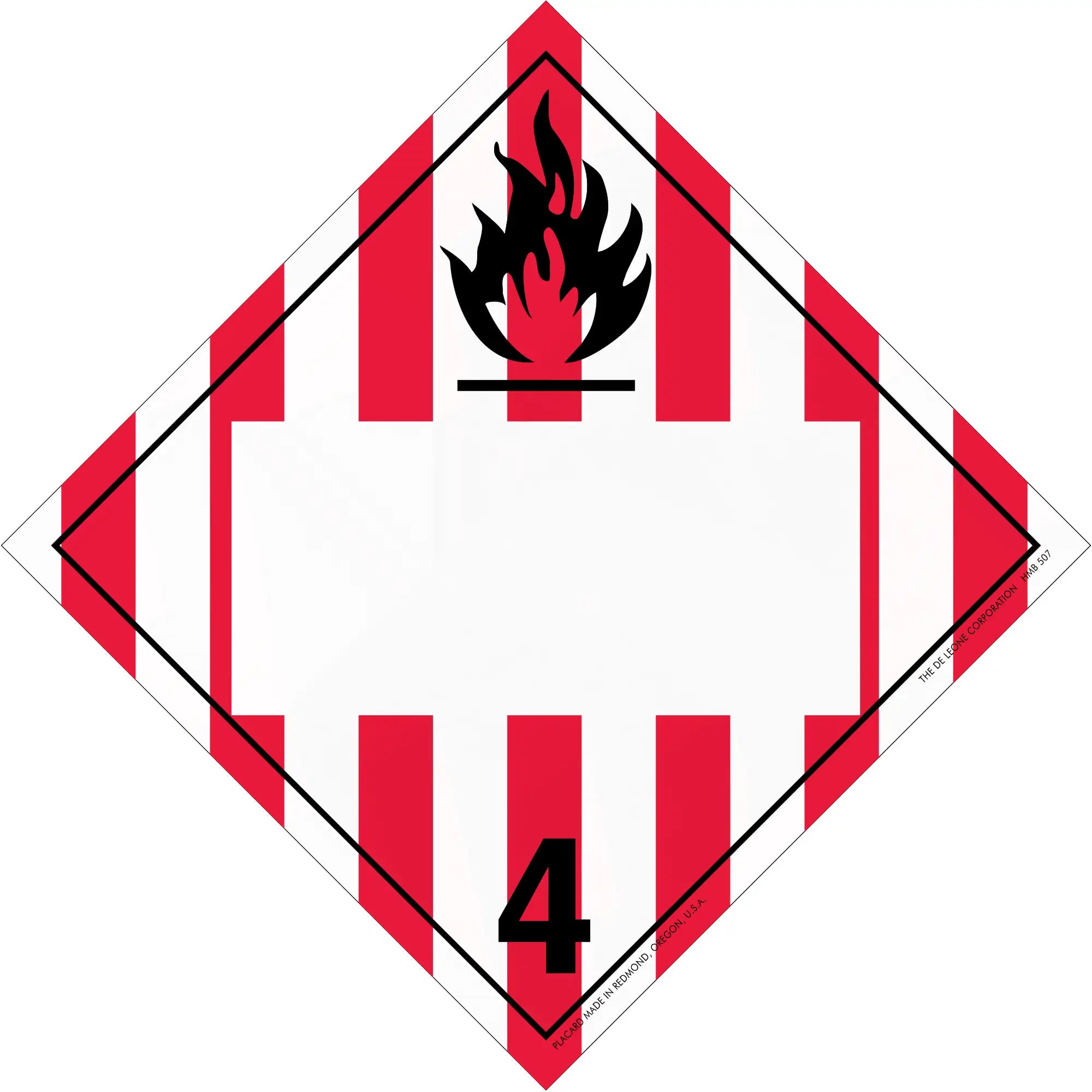 Hazardous material warning placard with a black flame symbol and number 4 on red and white stripes in a diamond shape.