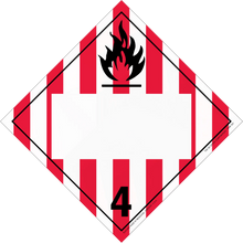 Hazardous material warning placard with a black flame symbol and number 4 on red and white stripes in a diamond shape.