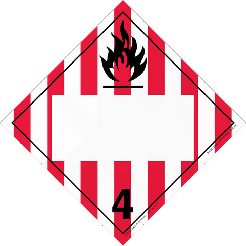 Hazardous material warning placard with a black flame symbol and number 4 on red and white stripes in a diamond shape.