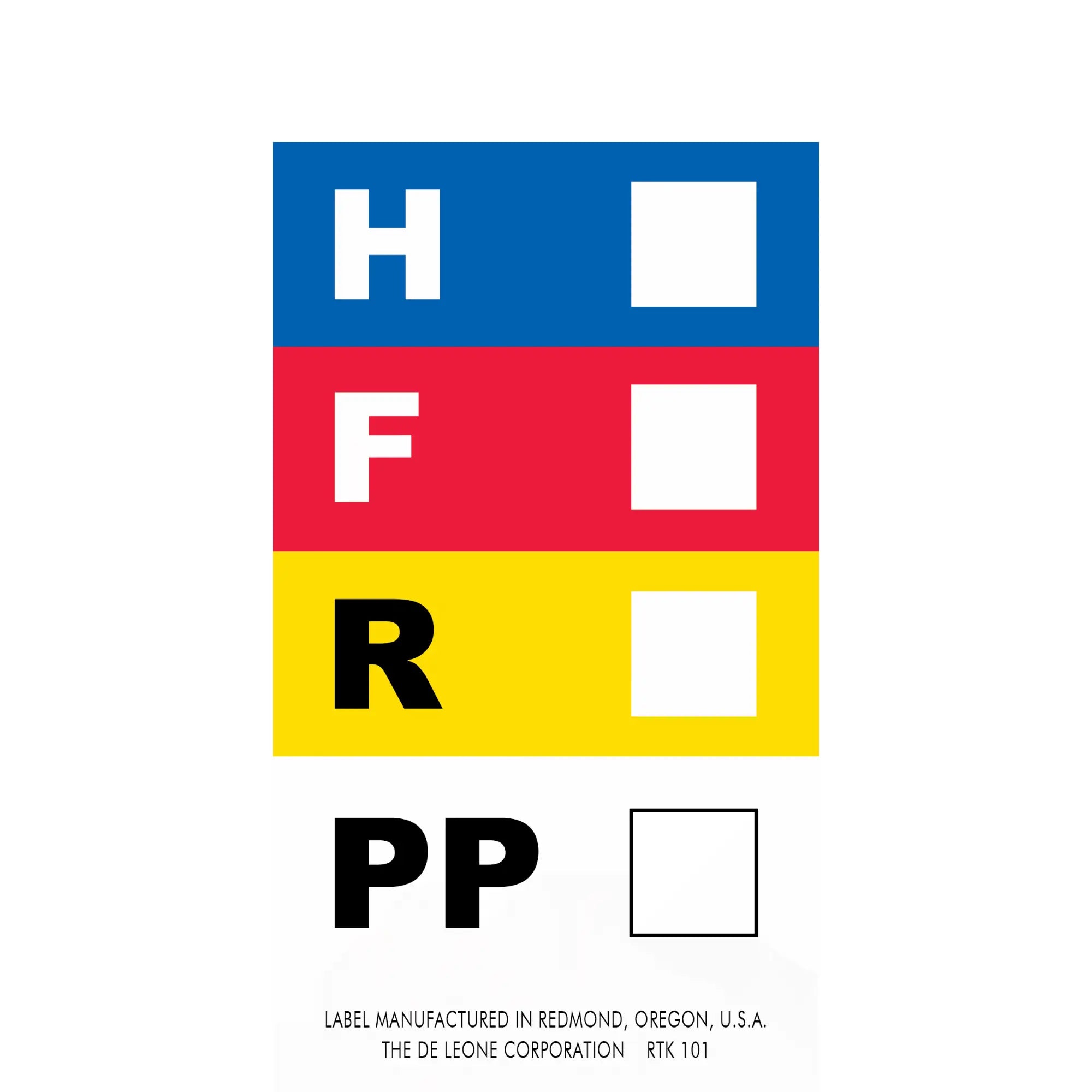 Hazard warning label with colored horizontal bars showing H, F, R, and PP ratings.