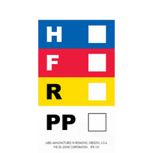 Hazard warning label with colored horizontal bars showing H, F, R, and PP ratings.