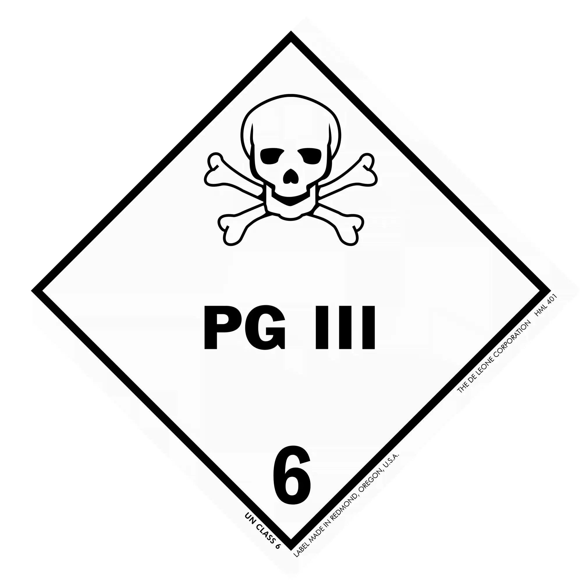 Warning sign showing a skull and crossbones with ’PG III 6’’ text.