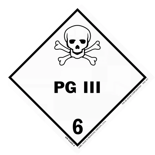 Warning sign showing a skull and crossbones with ’PG III 6’’ text.