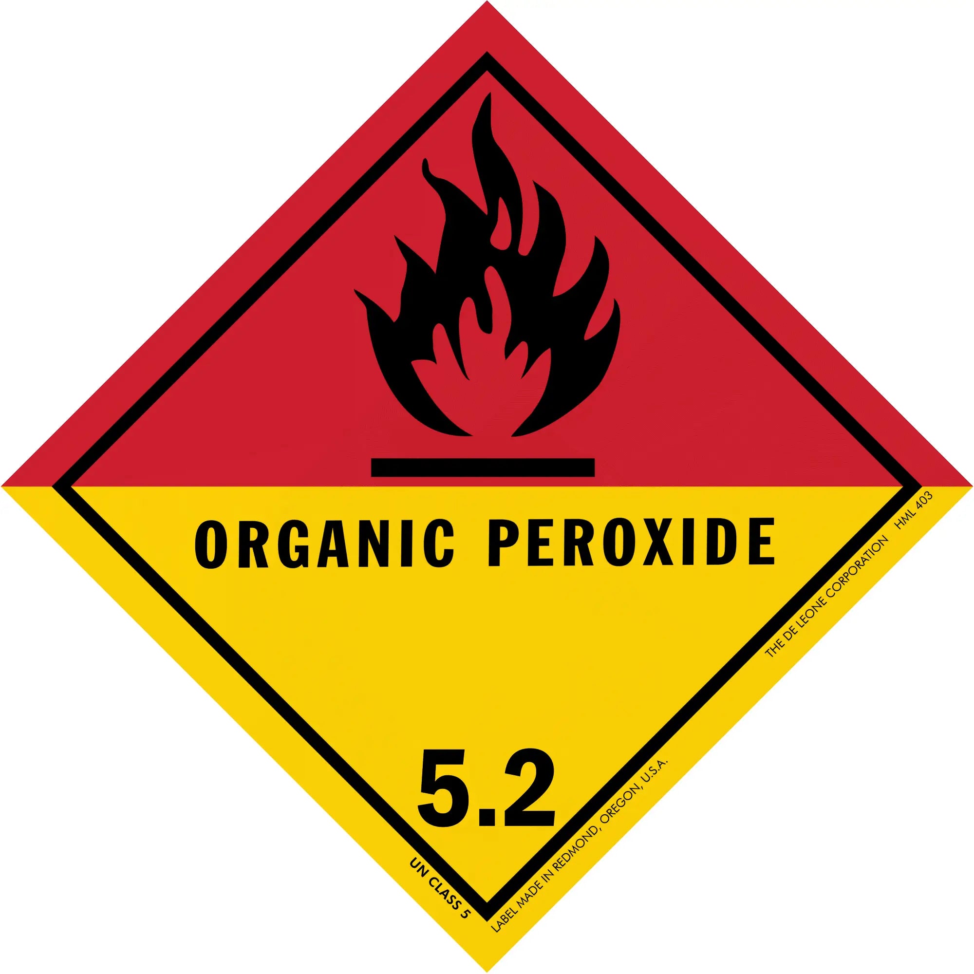 Diamond-shaped hazard warning sign for organic peroxide with class 5.2 designation and flame symbol.