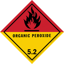 Diamond-shaped hazard warning sign for organic peroxide with class 5.2 designation and flame symbol.