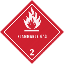 Red diamond-shaped warning sign for flammable gas with flame symbol and number 2.