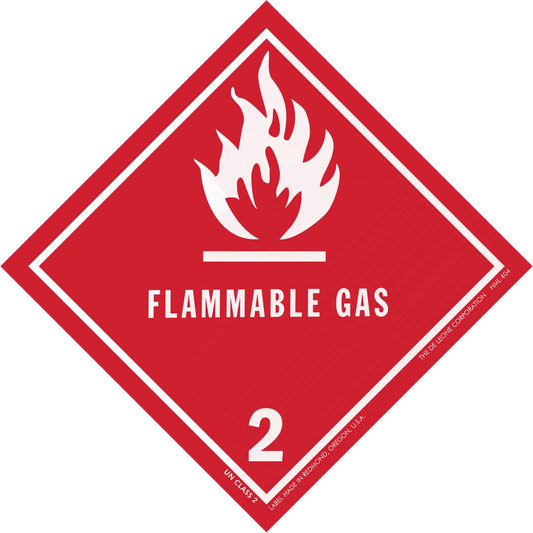 Red diamond-shaped warning sign for flammable gas with flame symbol and number 2.