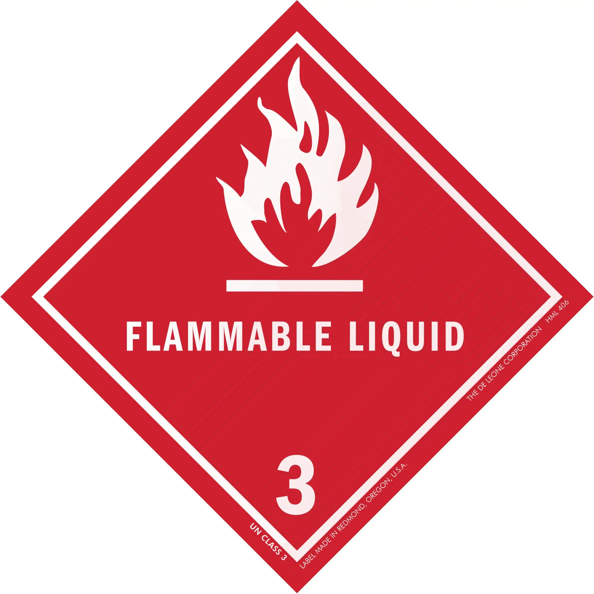 Red diamond-shaped warning sign for flammable liquid with flame symbol and number 3.
