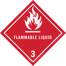 Red diamond-shaped warning sign for flammable liquid with flame symbol and number 3.