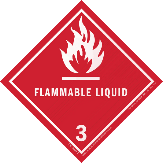 Red diamond-shaped warning sign for flammable liquid with flame symbol and number 3.