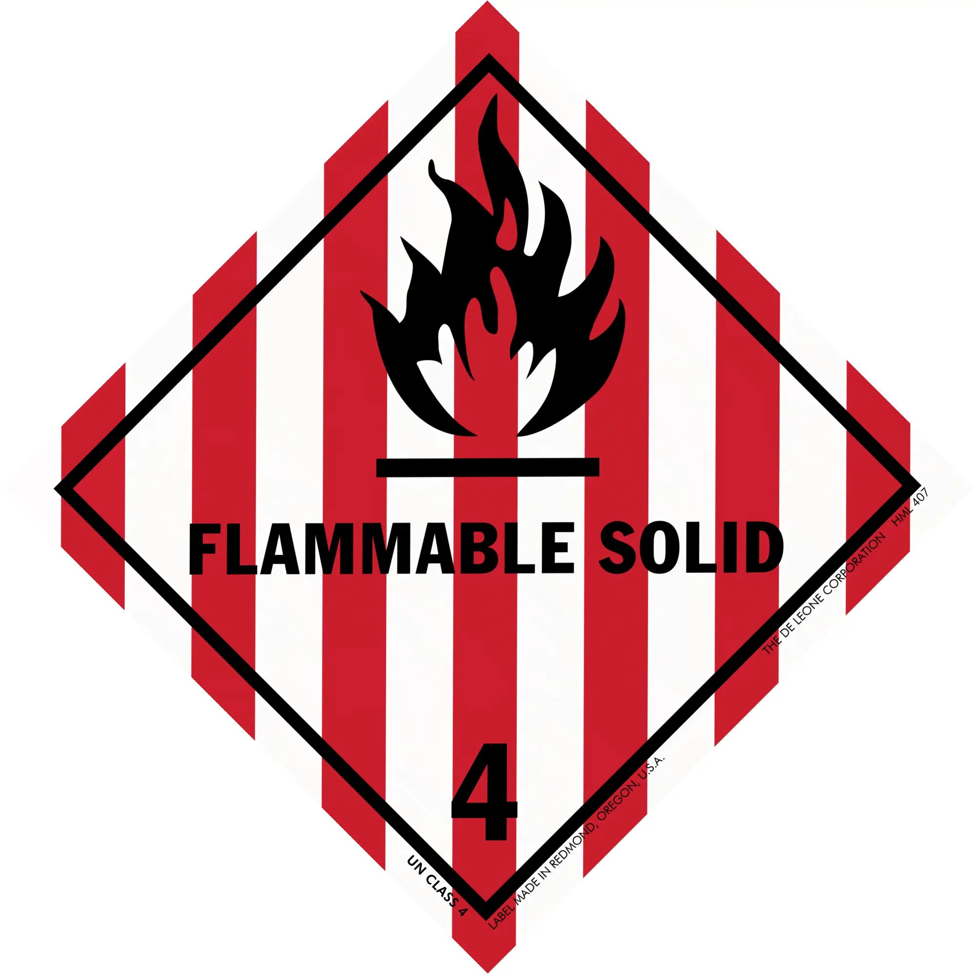 Hazard warning symbol for flammable solids with red and white stripes, black flame icon, and number 4.