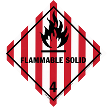 Hazard warning symbol for flammable solids with red and white stripes, black flame icon, and number 4.