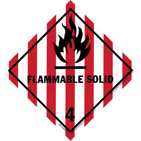 Hazard warning symbol for flammable solids with red and white stripes, black flame icon, and number 4.