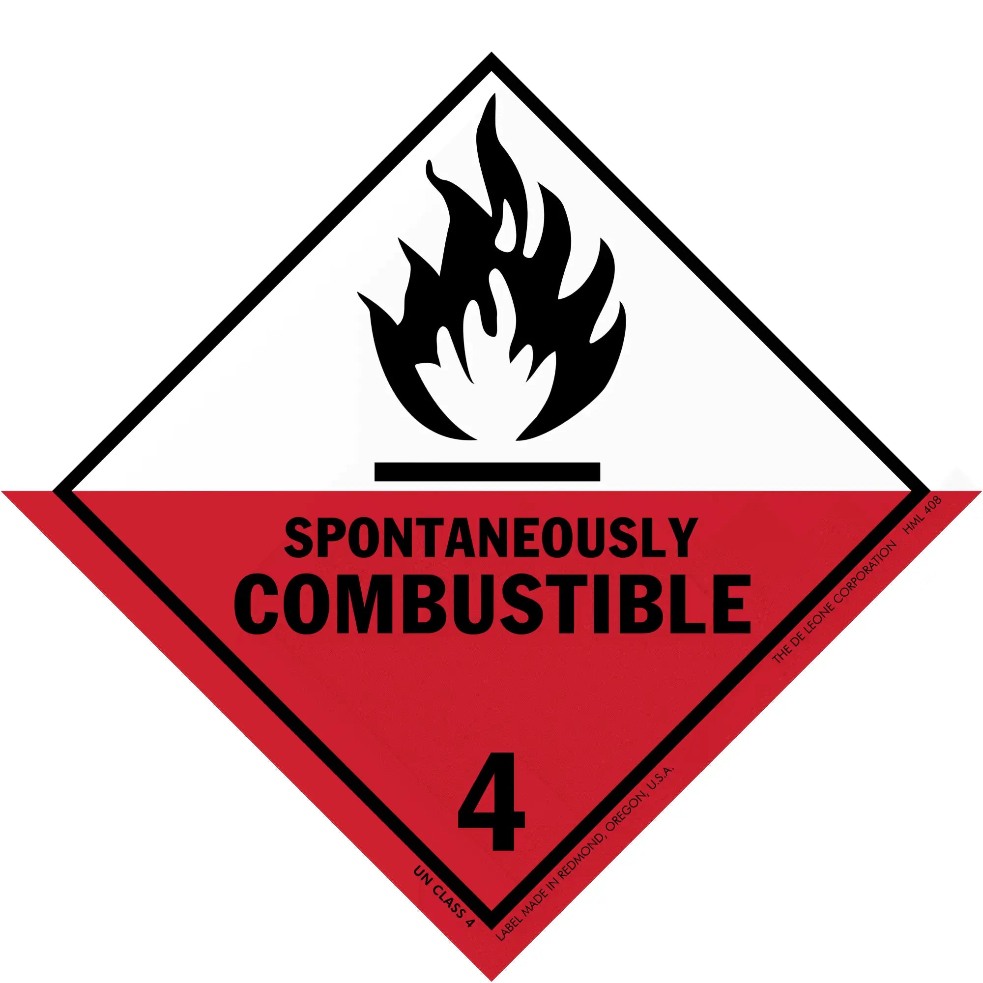 Warning sign for spontaneously combustible materials with hazard class 4 and black flame symbol on red and white diamond background.