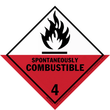 Warning sign for spontaneously combustible materials with hazard class 4 and black flame symbol on red and white diamond background.