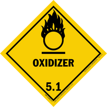 Yellow diamond-shaped warning sign displaying the oxidizer hazard symbol and number 5.1.