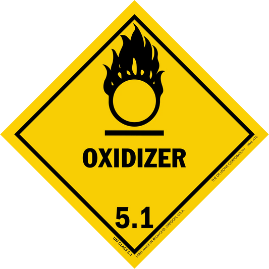 Yellow diamond-shaped warning sign displaying the oxidizer hazard symbol and number 5.1.