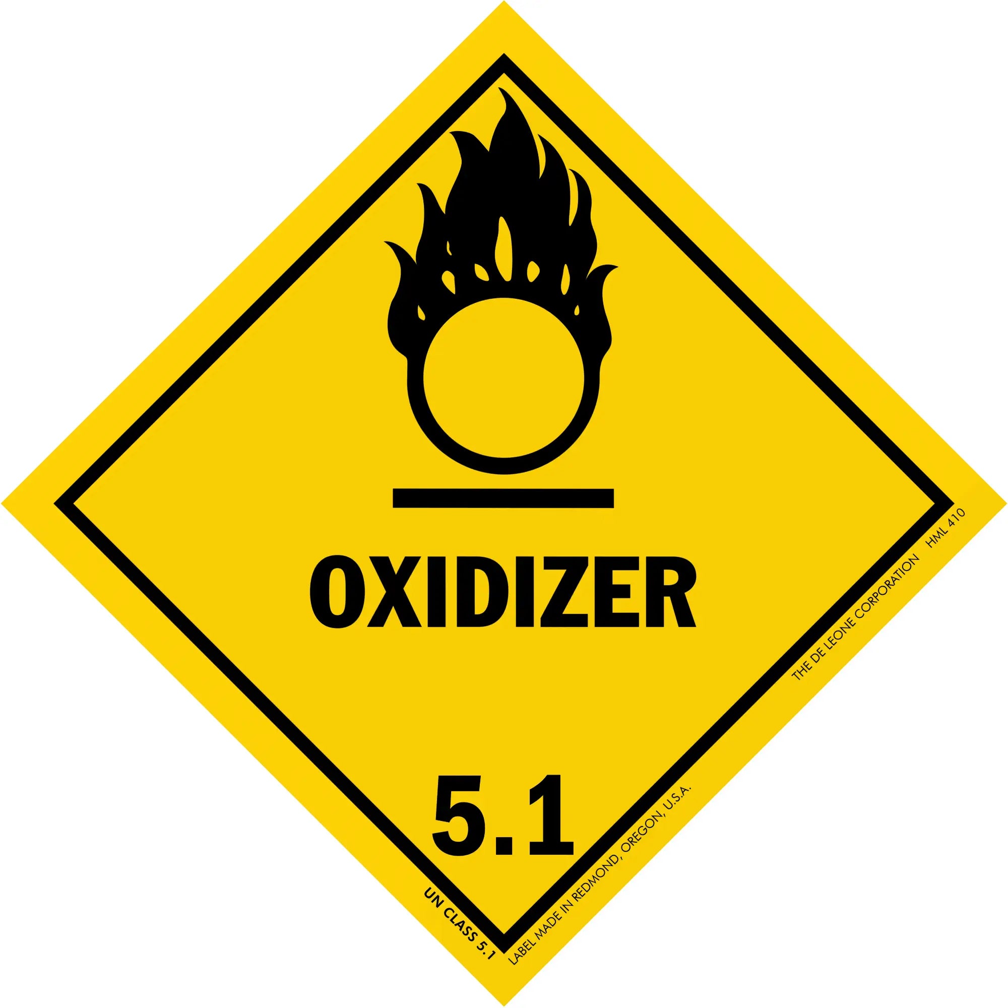 Yellow diamond-shaped warning sign displaying the oxidizer hazard symbol and number 5.1.