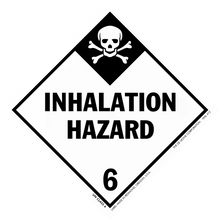 Diamond-shaped warning sign displaying ’INHALATION HAZARD’ with a skull and crossbones symbol and number 6.