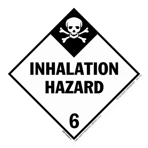 Diamond-shaped warning sign displaying ’INHALATION HAZARD’ with a skull and crossbones symbol and number 6.