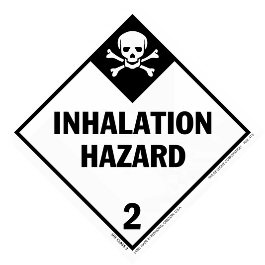 Black and white diamond-shaped warning sign displaying ’INHALATION HAZARD 2’’ with a skull and crossbones symbol.