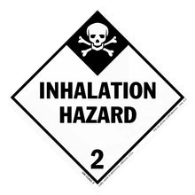 Black and white diamond-shaped warning sign displaying ’INHALATION HAZARD 2’’ with a skull and crossbones symbol.