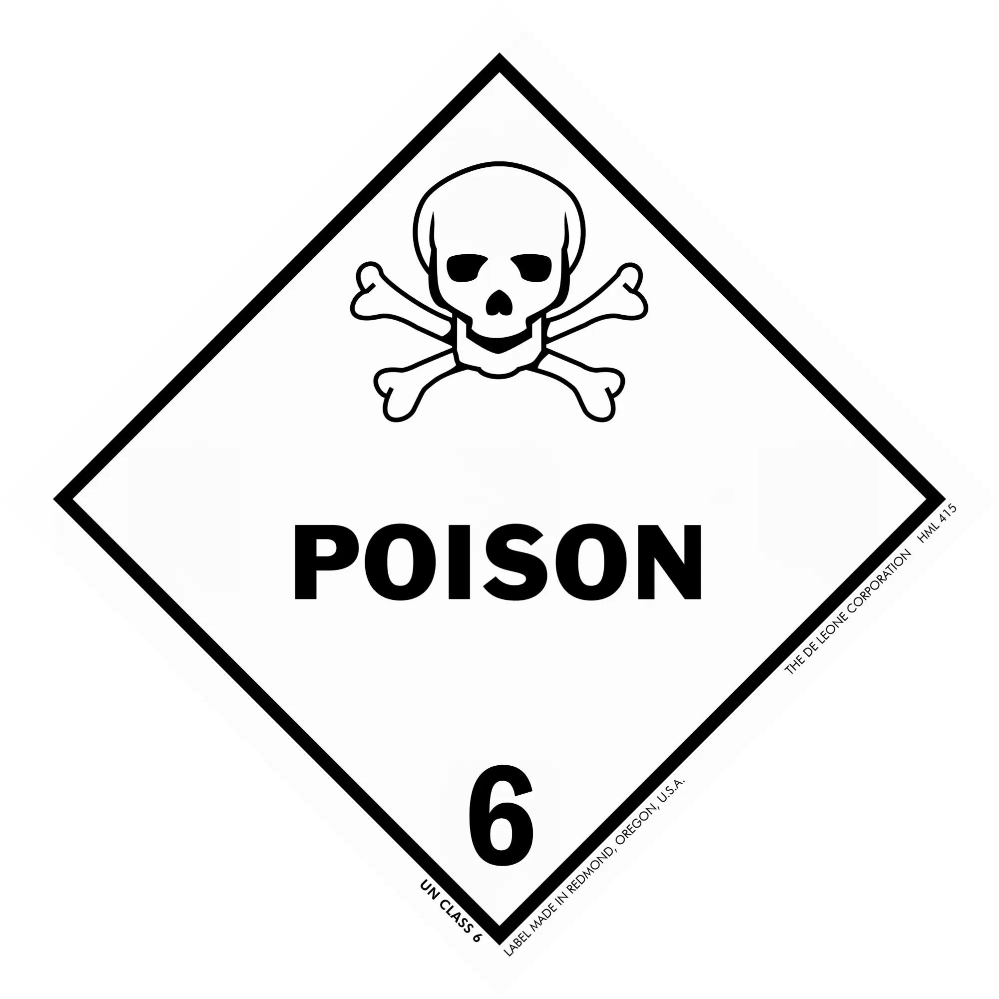 Diamond-shaped warning sign with a skull and crossbones symbol above the word ’POISON’ and number 6.