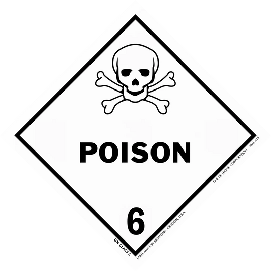 Diamond-shaped warning sign with a skull and crossbones symbol above the word ’POISON’ and number 6.