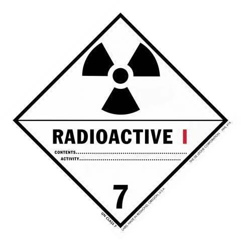 Warning sign for Class 7 radioactive materials featuring the trefoil radiation symbol.