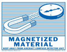 Blue and white illustration of a horseshoe magnet with a compass symbol above it.