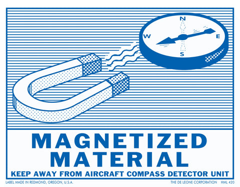 Blue and white illustration of a horseshoe magnet with a compass symbol above it.