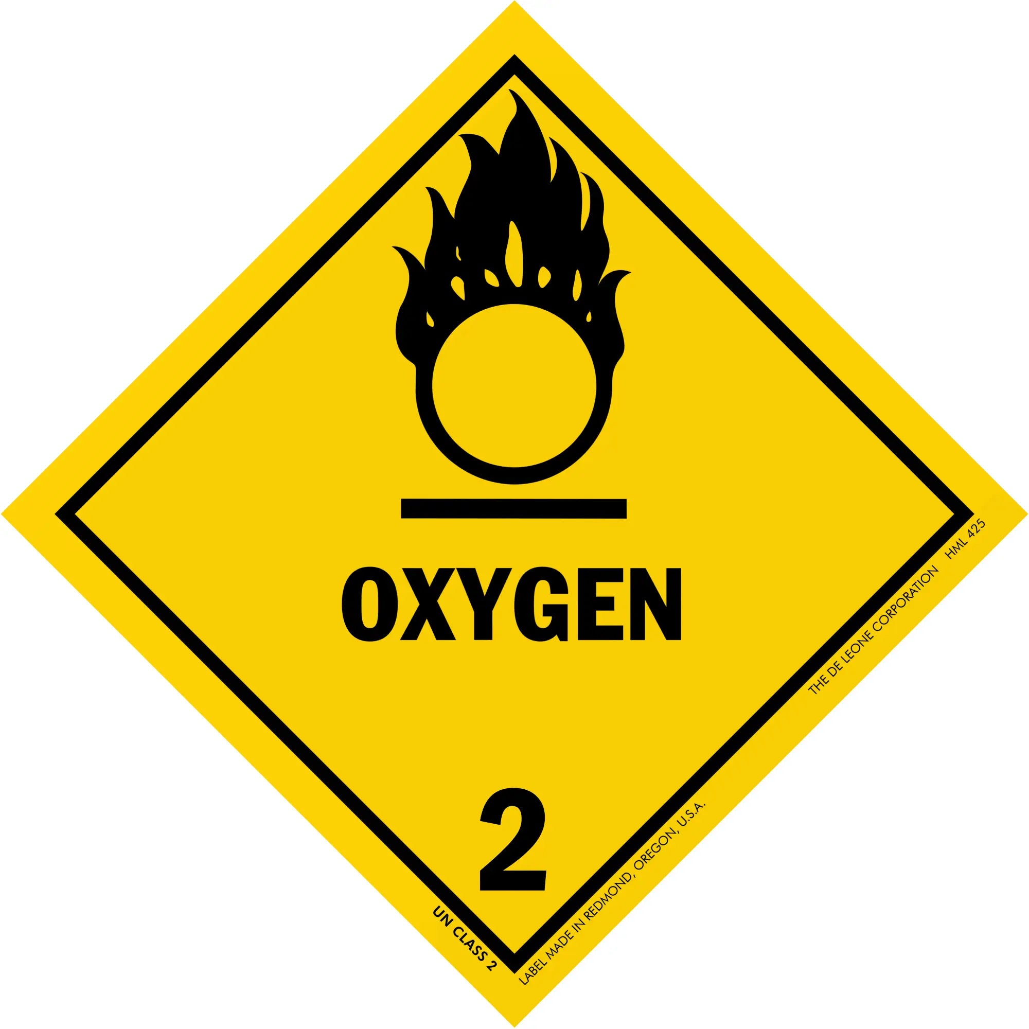 Yellow diamond-shaped hazard warning sign for oxygen with the number 2 and flame symbol.