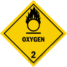 Yellow diamond-shaped hazard warning sign for oxygen with the number 2 and flame symbol.