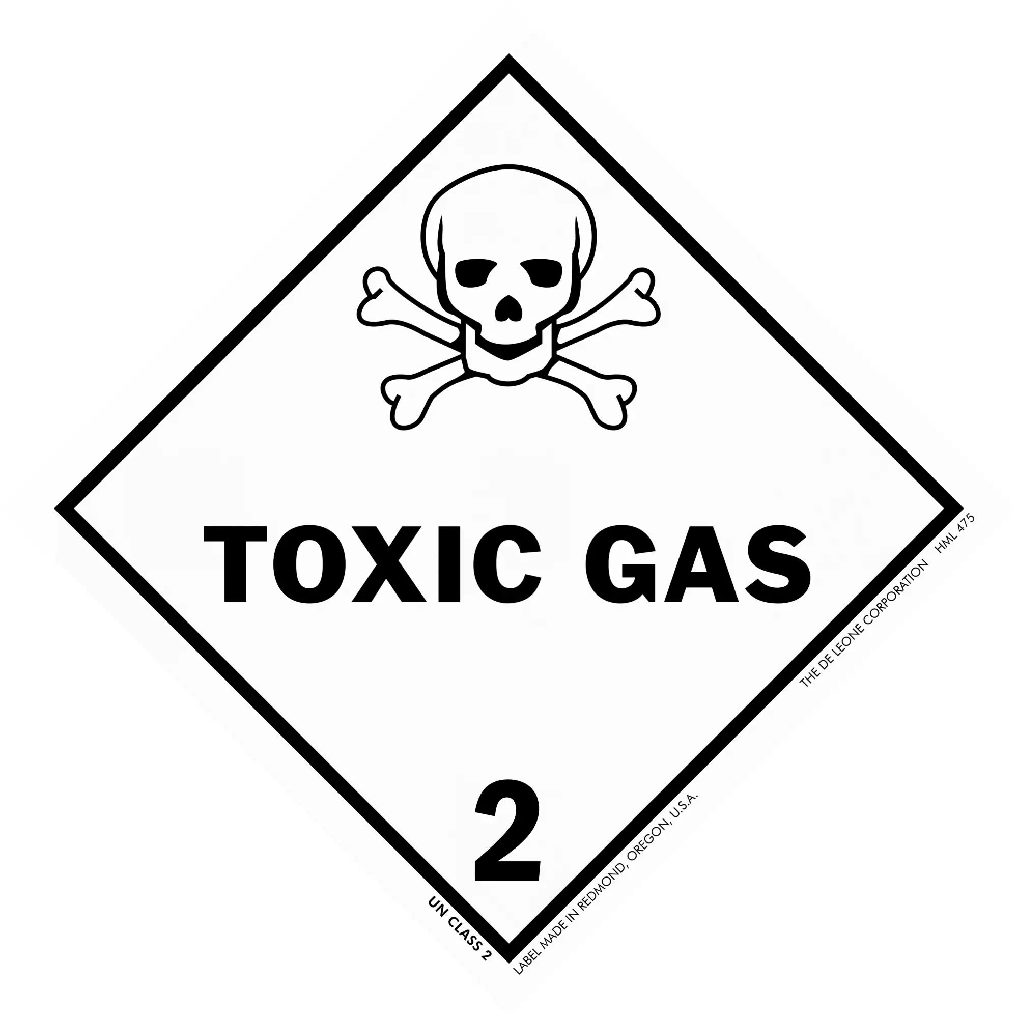 Diamond-shaped warning sign showing a skull and crossbones symbol with ’TOXIC GAS 2’’ text.