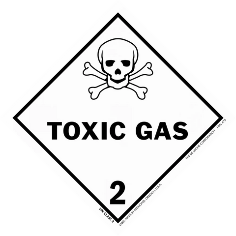 Diamond-shaped warning sign showing a skull and crossbones symbol with ’TOXIC GAS 2’’ text.