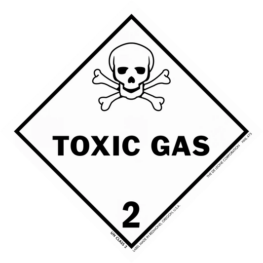 Diamond-shaped warning sign showing a skull and crossbones symbol with ’TOXIC GAS 2’’ text.