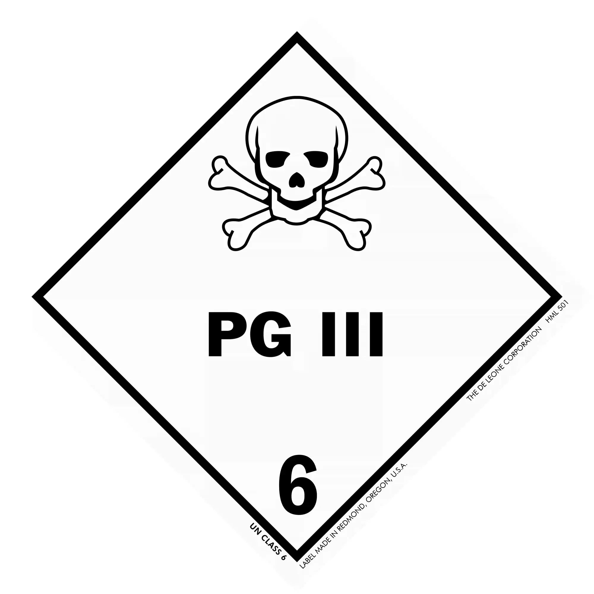 Warning sign showing a skull and crossbones with ’PG III 6’’ text.