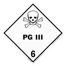 Warning sign showing a skull and crossbones with ’PG III 6’’ text.