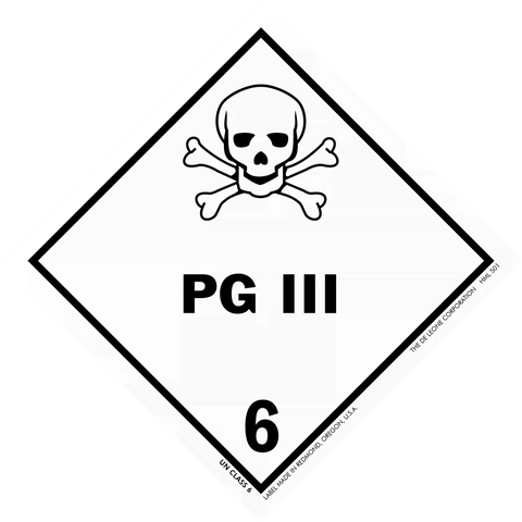 Warning sign showing a skull and crossbones with ’PG III 6’’ text.