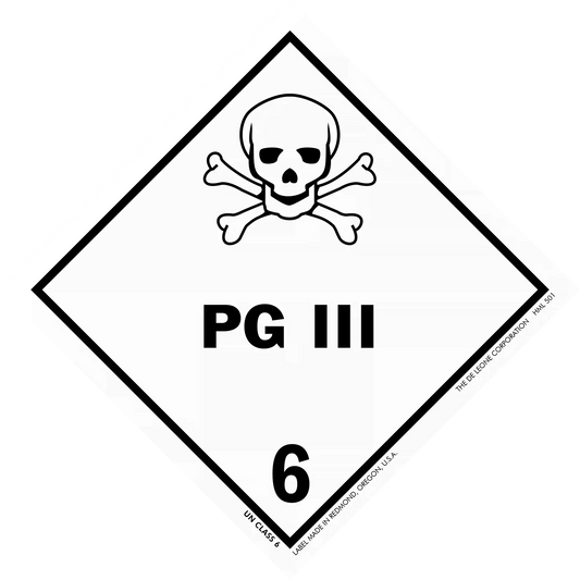 Warning sign showing a skull and crossbones with ’PG III 6’’ text.