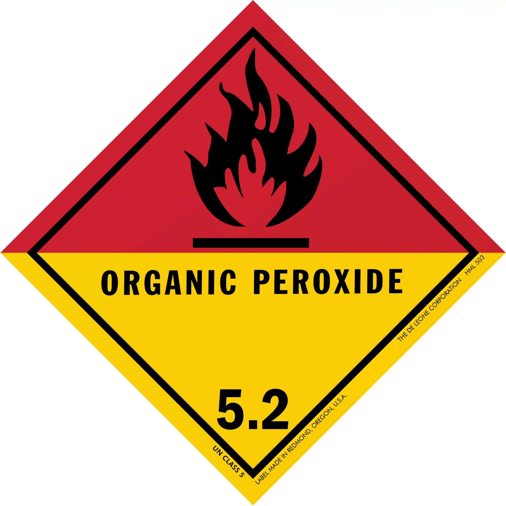 Diamond-shaped hazard warning sign for organic peroxide with class 5.2 designation and flame symbol.