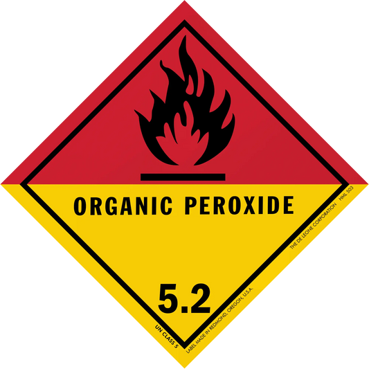 Diamond-shaped hazard warning sign for organic peroxide with class 5.2 designation and flame symbol.