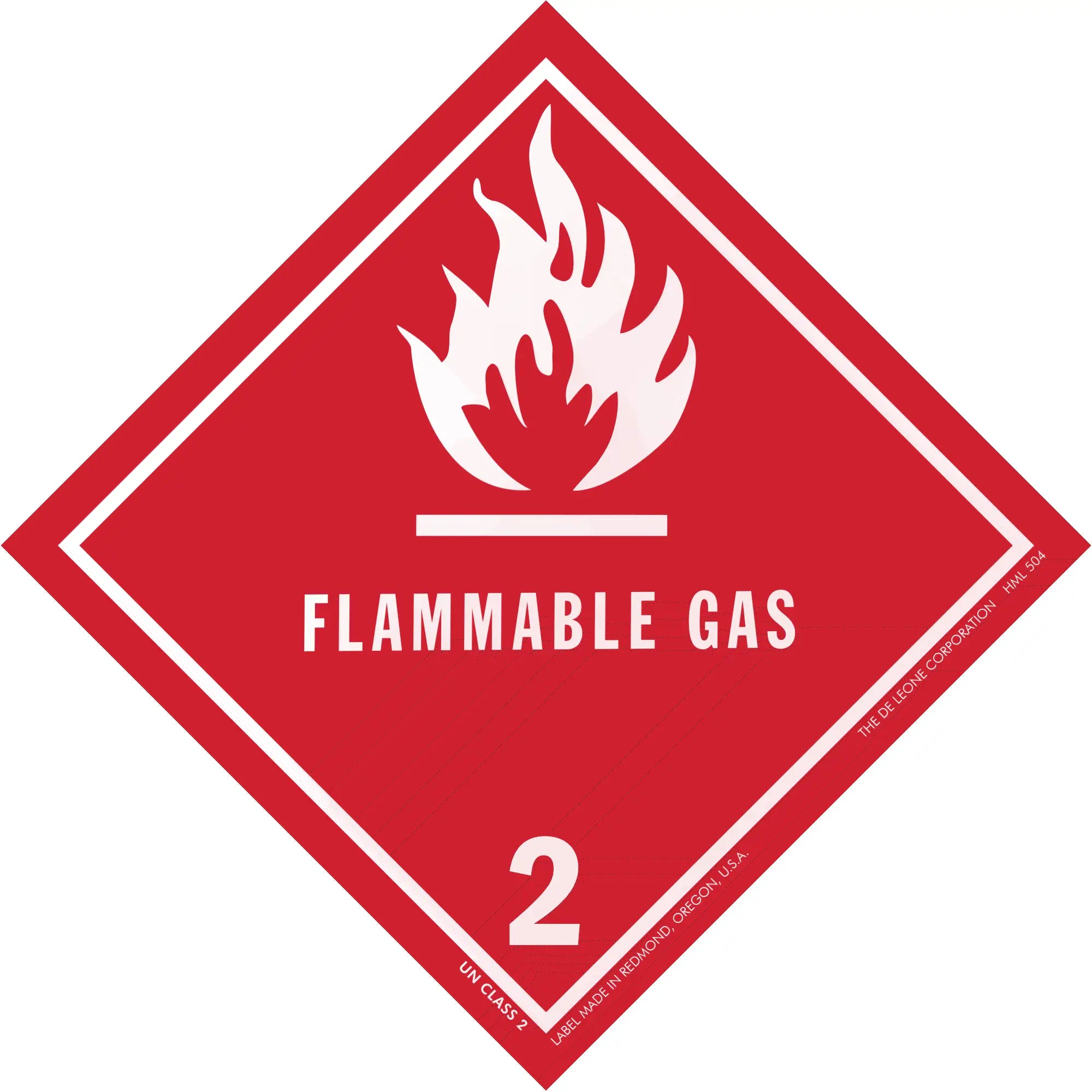 Red diamond-shaped warning sign for flammable gas with flame symbol and number 2.