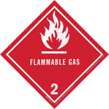 Red diamond-shaped warning sign for flammable gas with flame symbol and number 2.