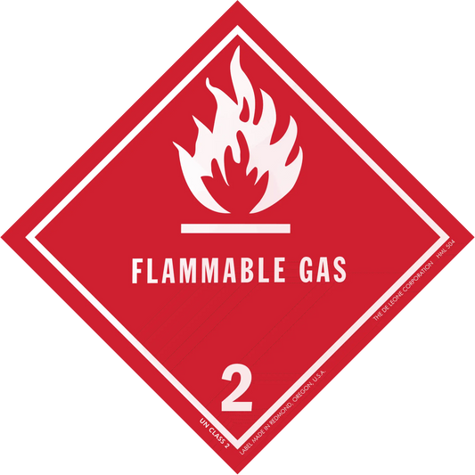 Red diamond-shaped warning sign for flammable gas with flame symbol and number 2.