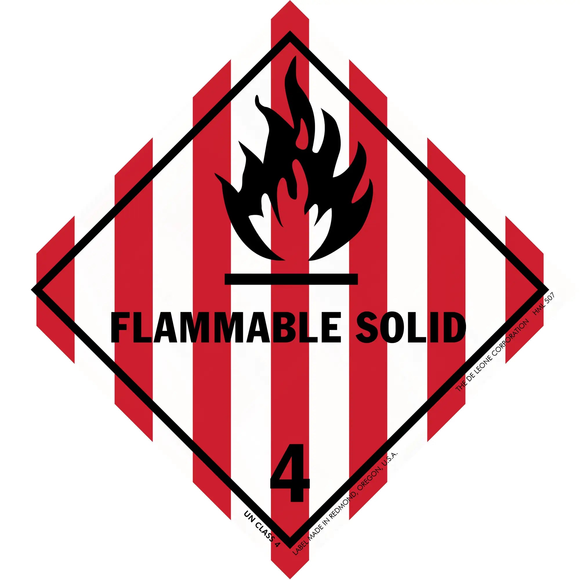 Hazard warning symbol for flammable solids with red and white stripes, black flame icon, and number 4.