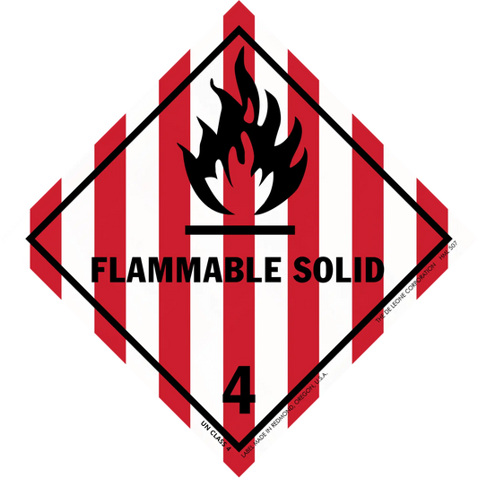 Hazard warning symbol for flammable solids with red and white stripes, black flame icon, and number 4.