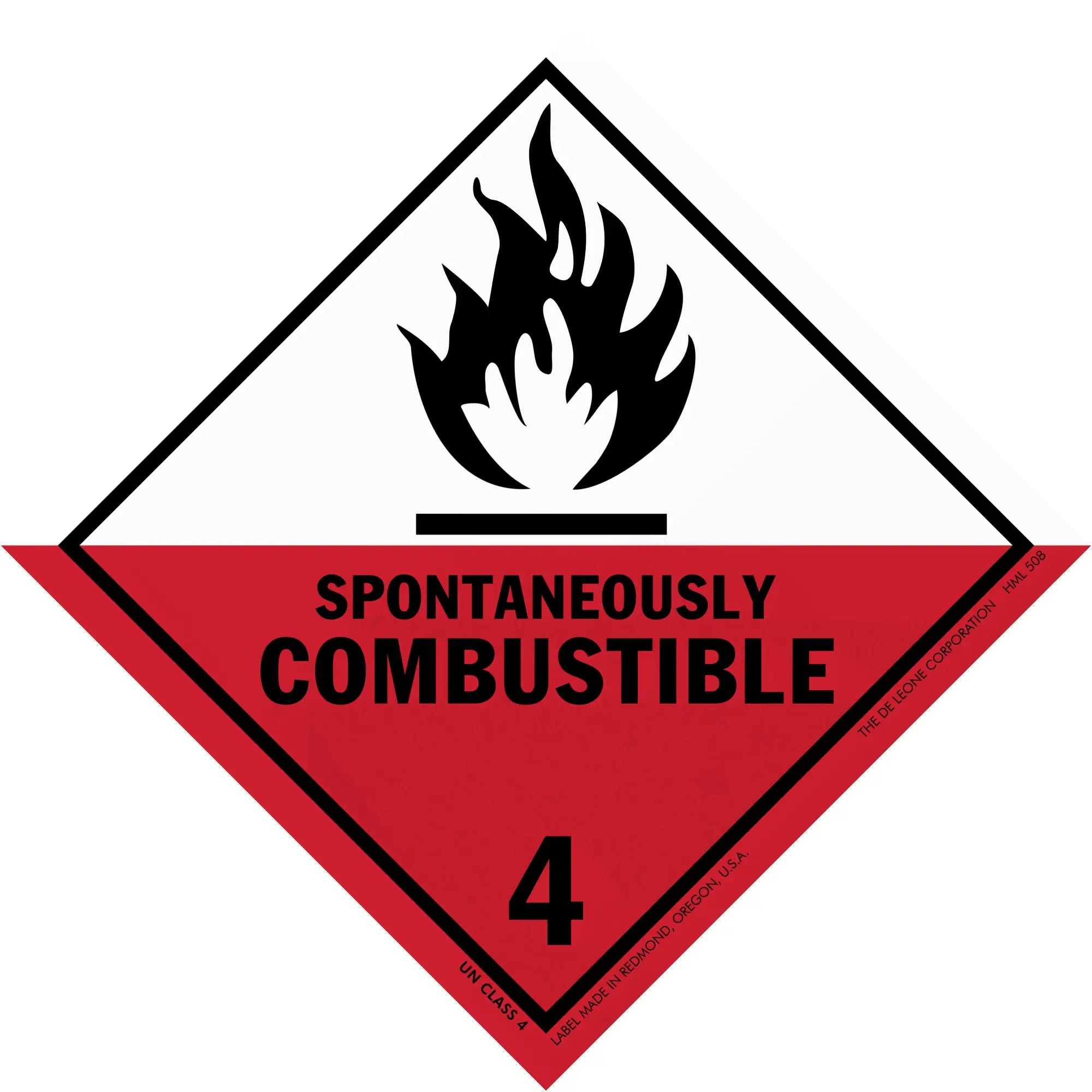 Warning sign for spontaneously combustible materials with hazard class 4 and black flame symbol on red and white diamond background.
